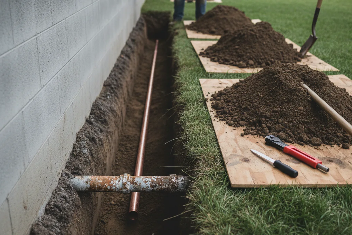Excavated water line trench during Water Heater Repair in Cottage Grove